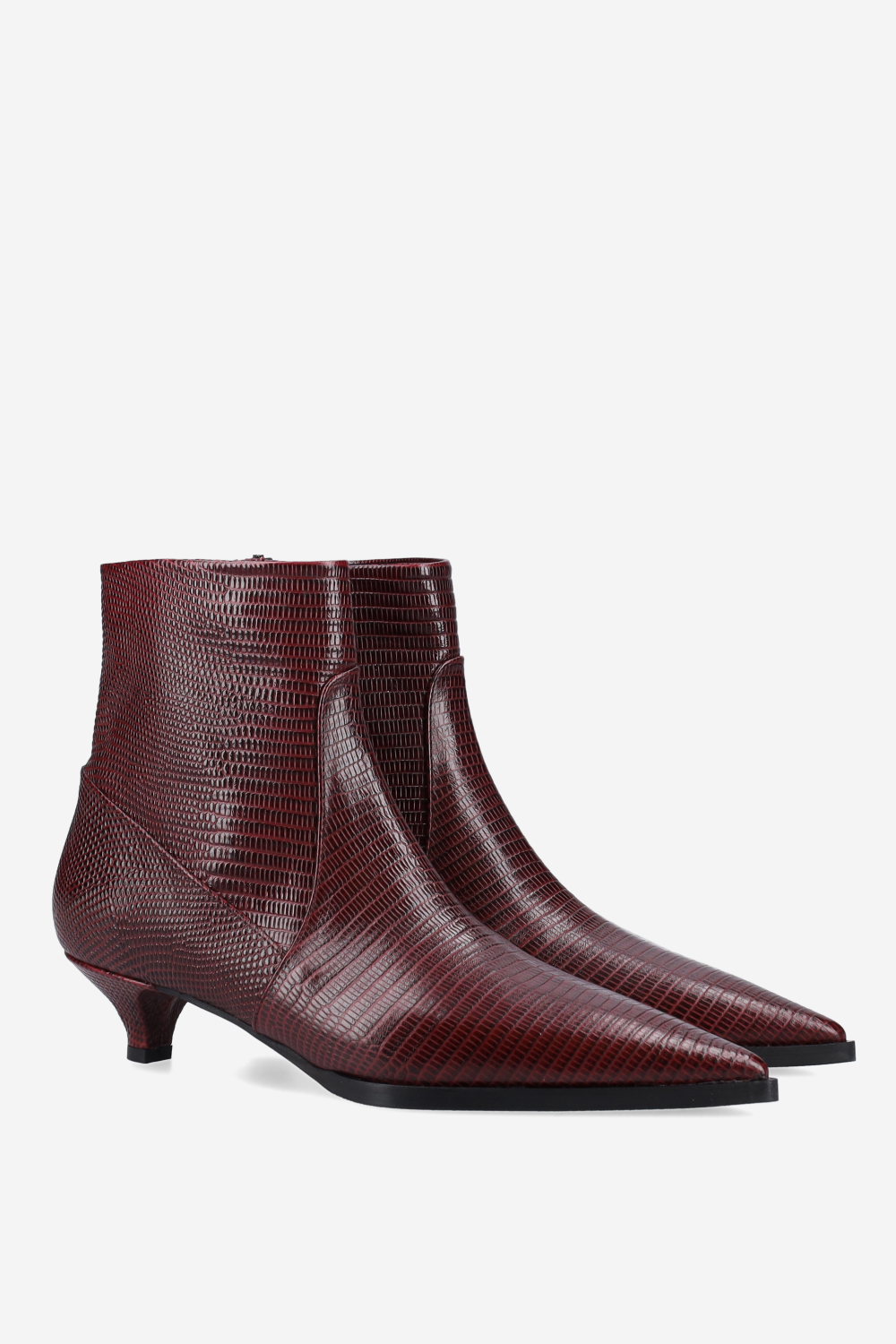 Pointed-toe croco leather ankle boots