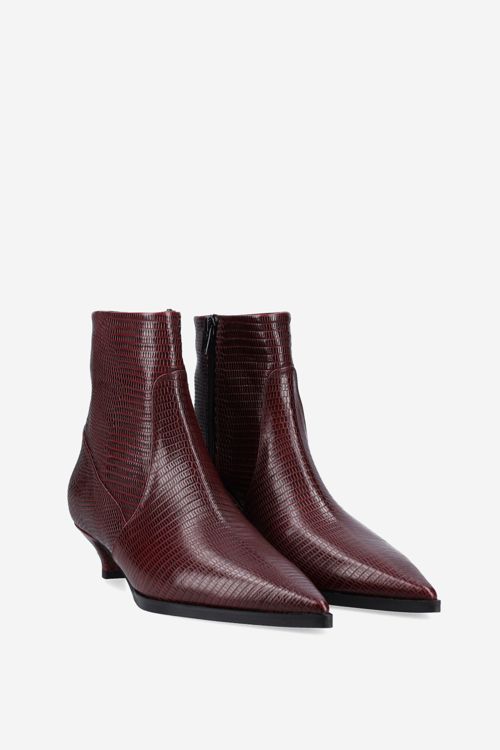 Pointed-toe croco leather ankle boots