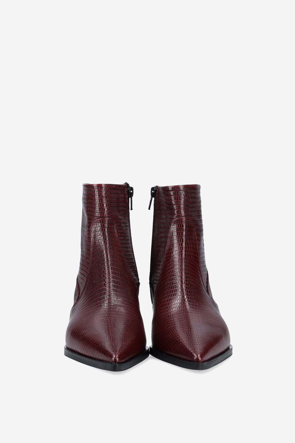 Pointed-toe croco leather ankle boots