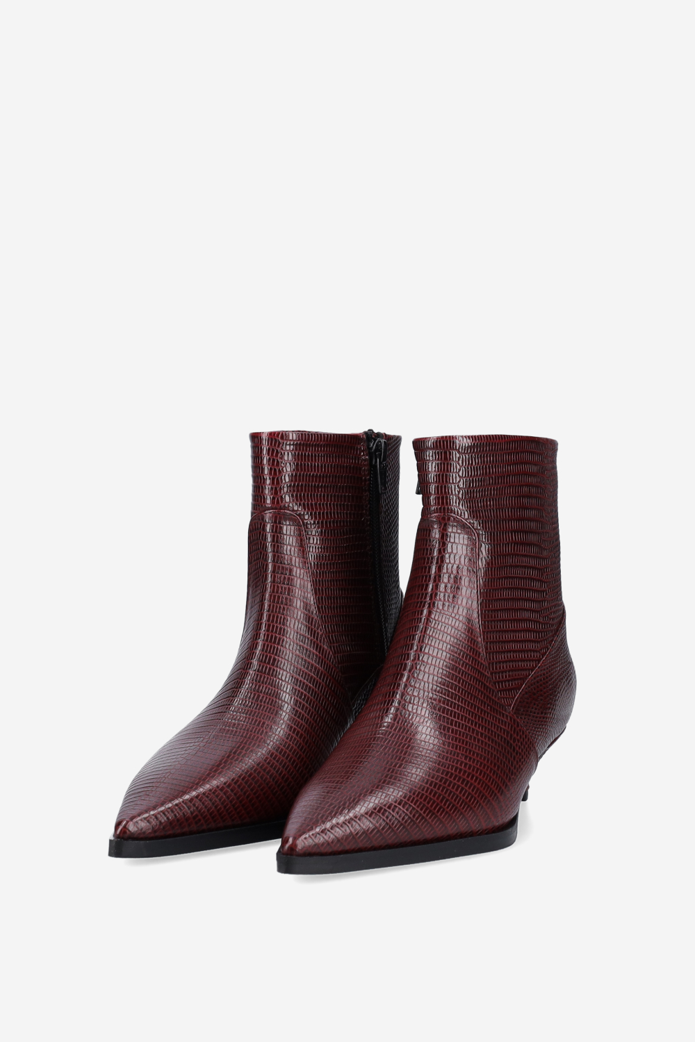Pointed-toe croco leather ankle boots