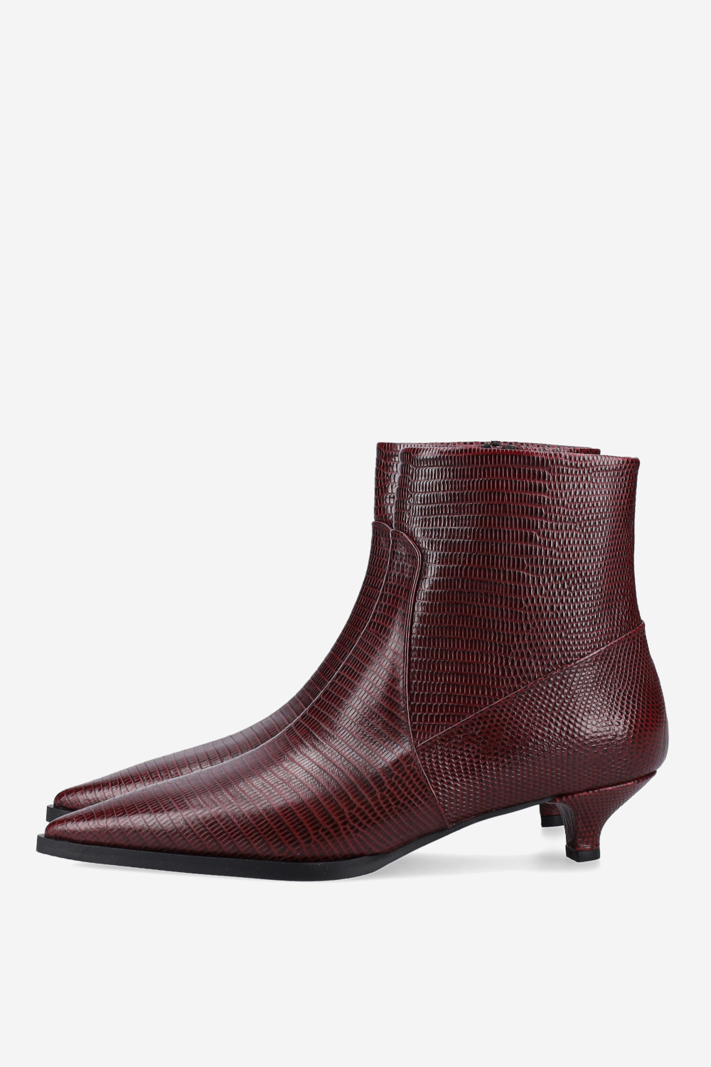 Pointed-toe croco leather ankle boots