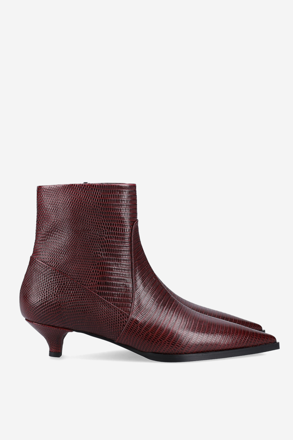 Pointed-toe croco leather ankle boots