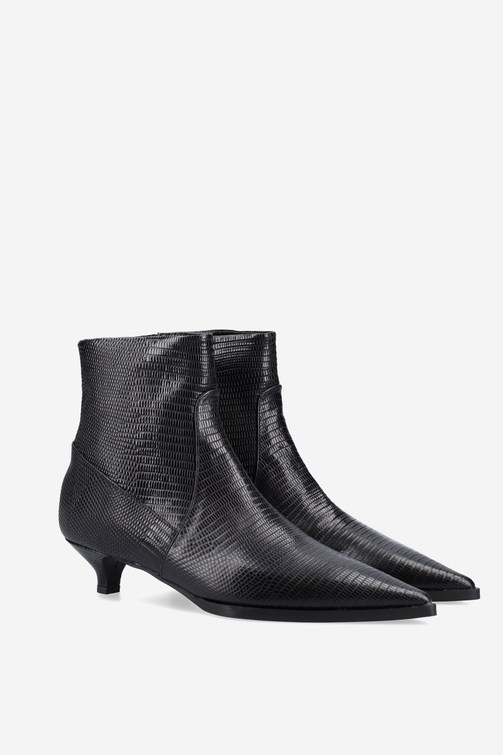 Pointed-toe croco leather ankle boots