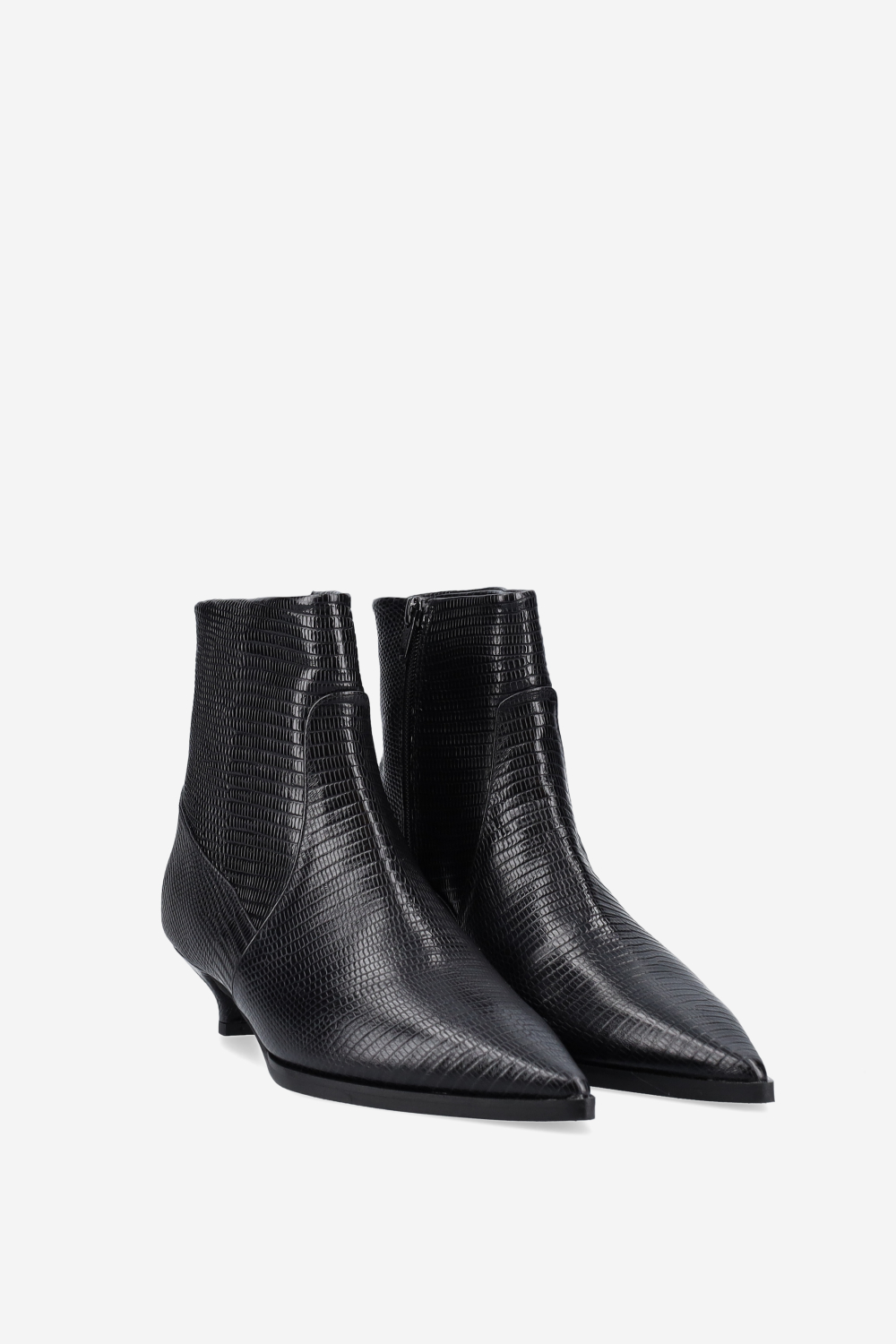 Pointed-toe croco leather ankle boots