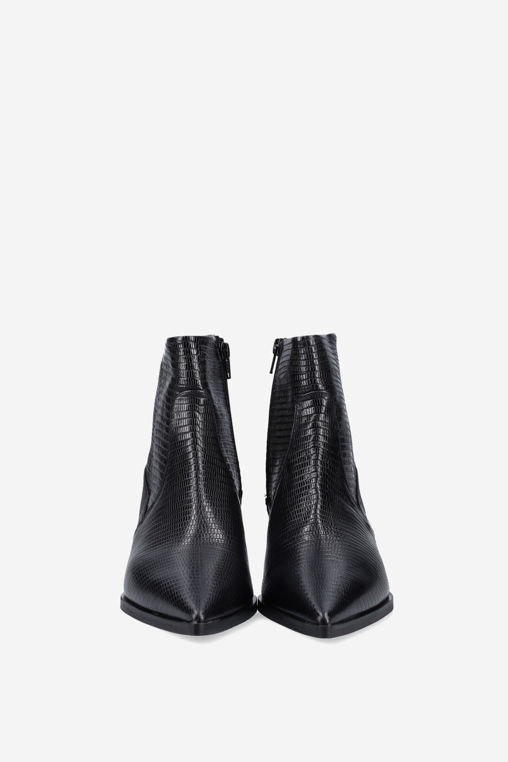 Pointed-toe croco leather ankle boots