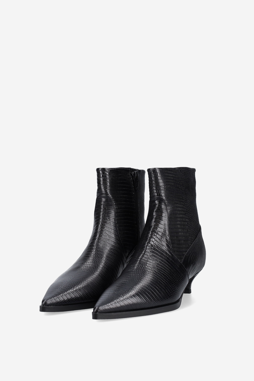 Pointed-toe croco leather ankle boots