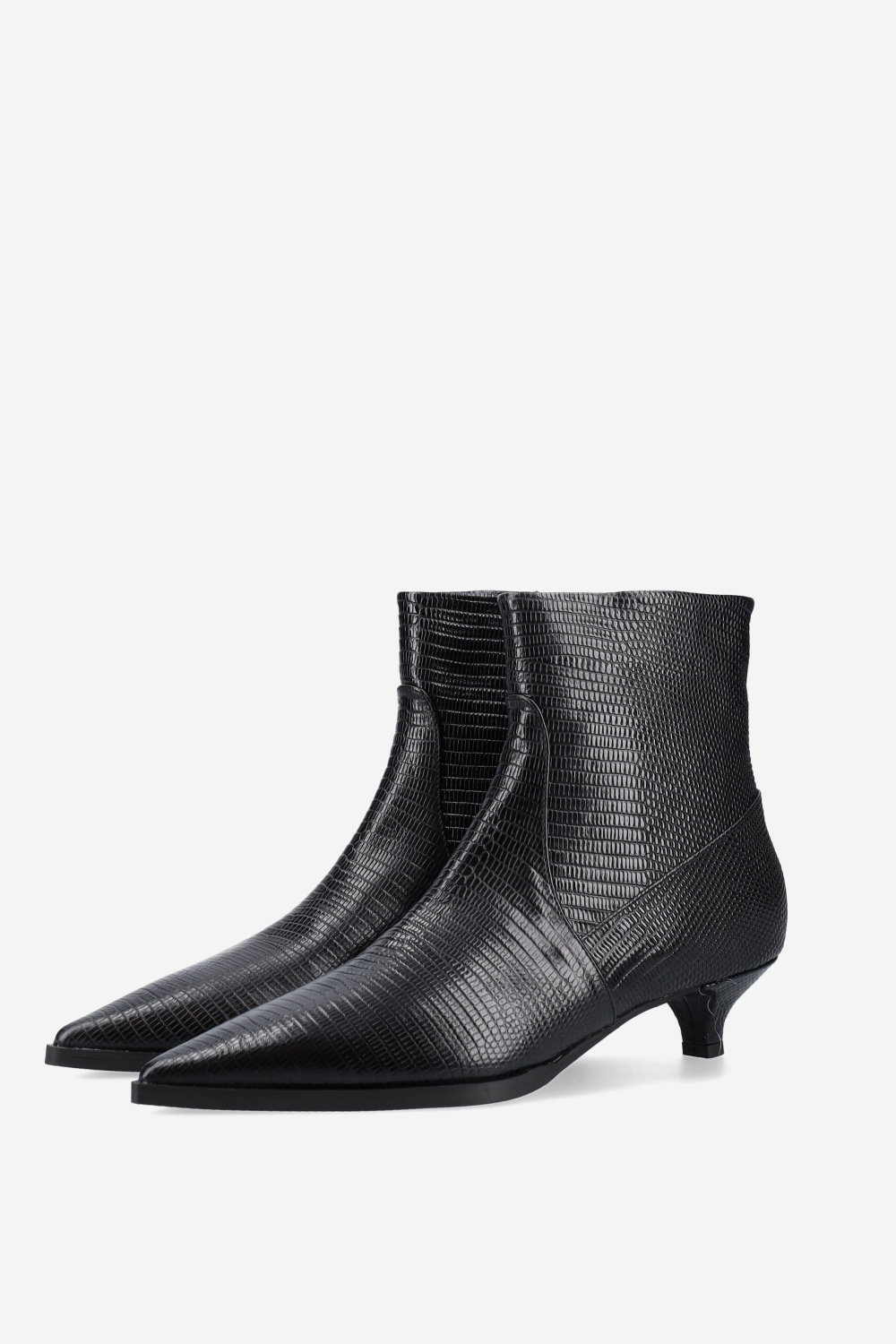 Pointed-toe croco leather ankle boots