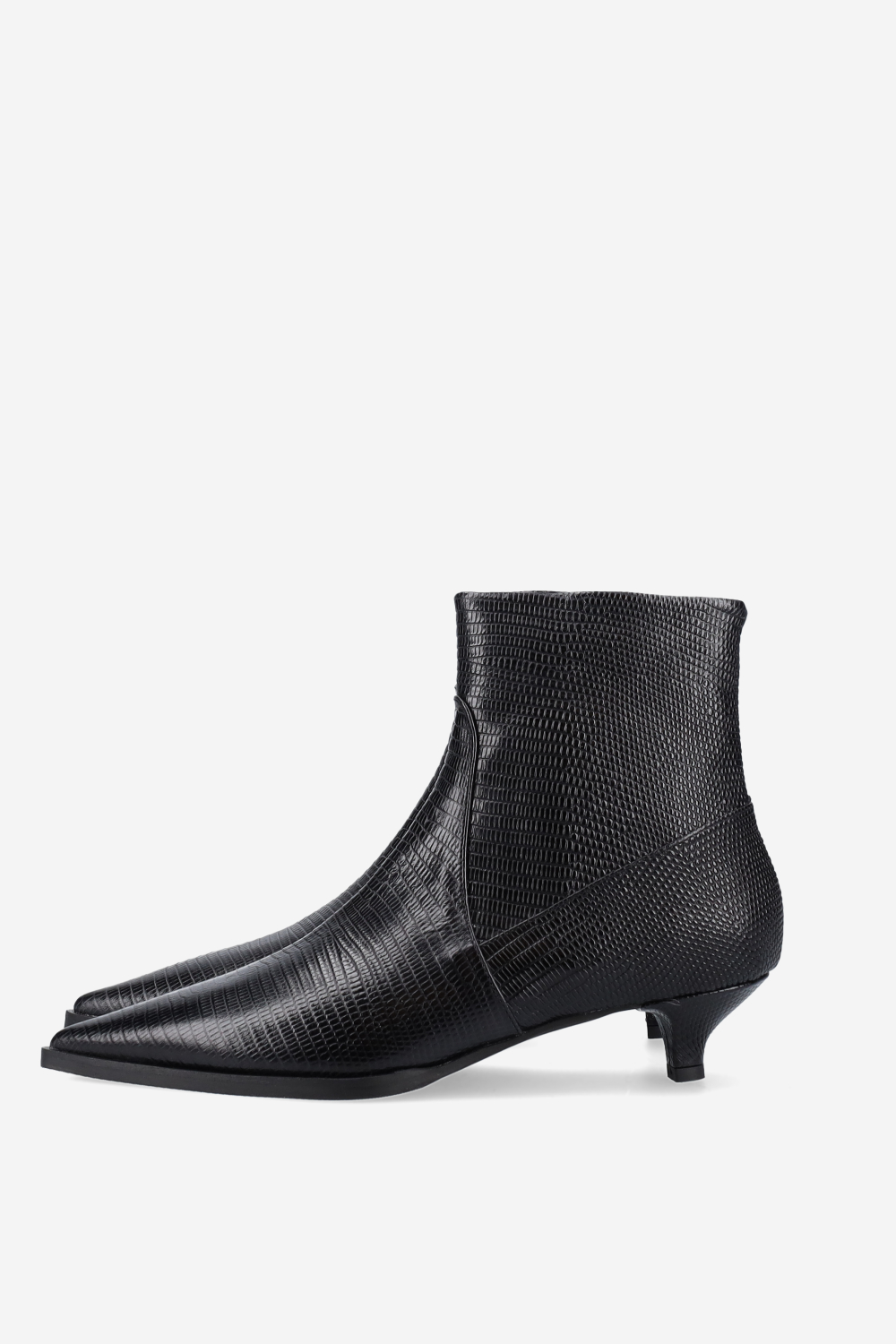 Pointed-toe croco leather ankle boots