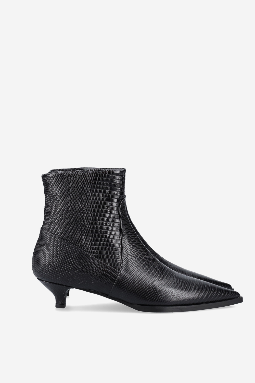 Pointed-toe croco leather ankle boots