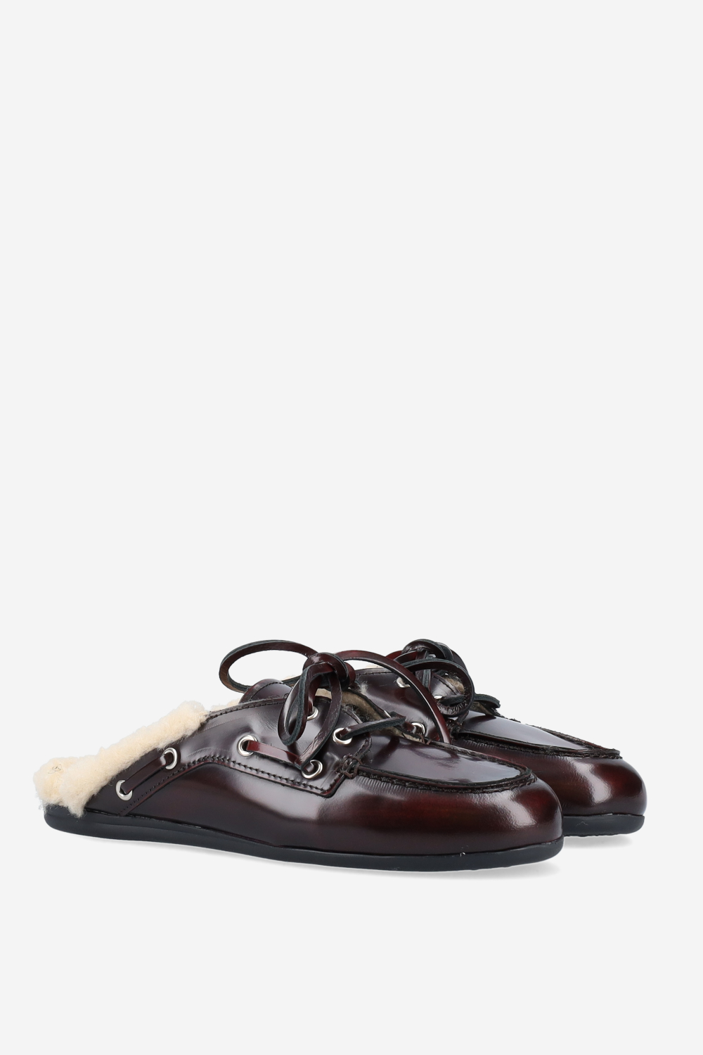 Fur leather boat loafer mules