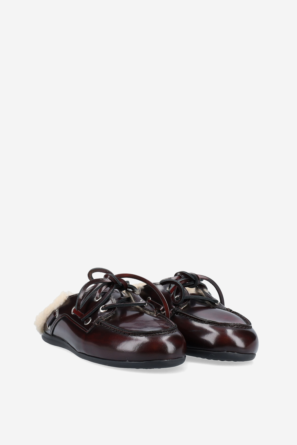 Fur leather boat loafer mules