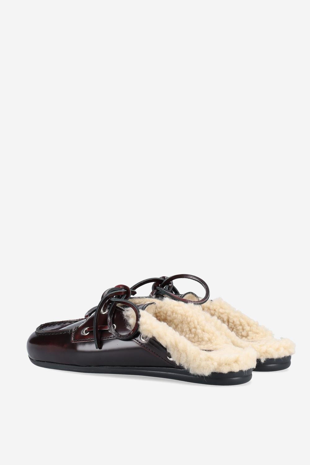 Fur leather boat loafer mules