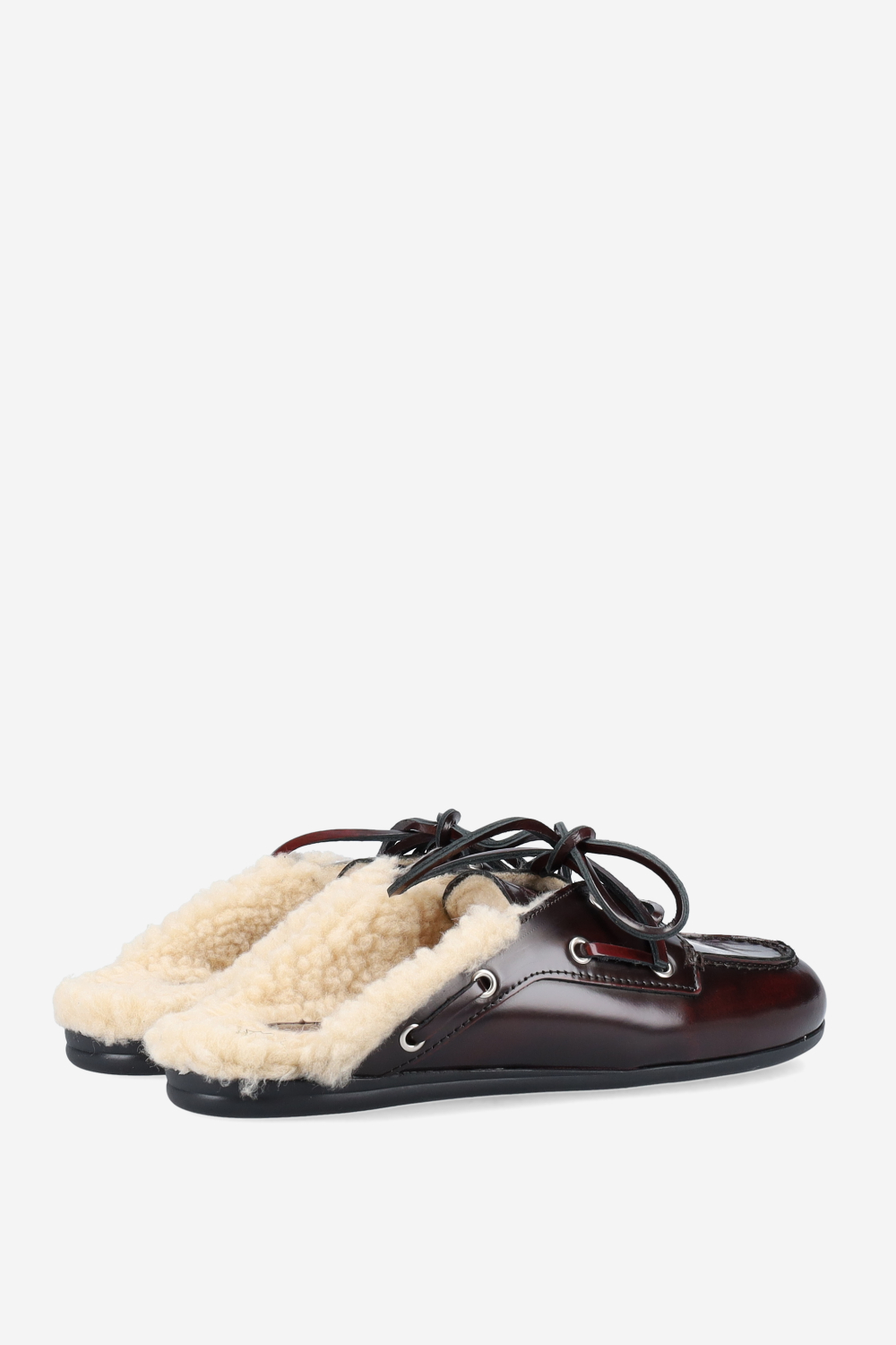 Fur leather boat loafer mules