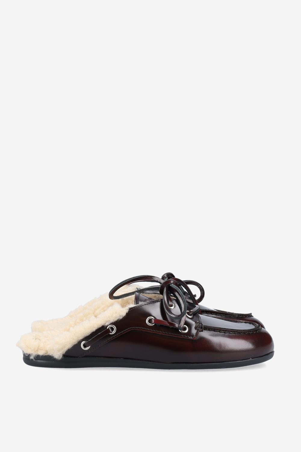 Fur leather boat loafer mules