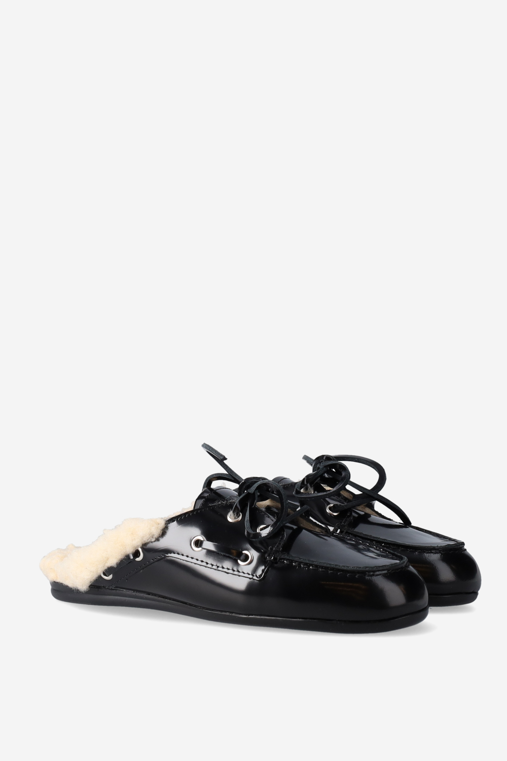 Fur leather boat loafer mules