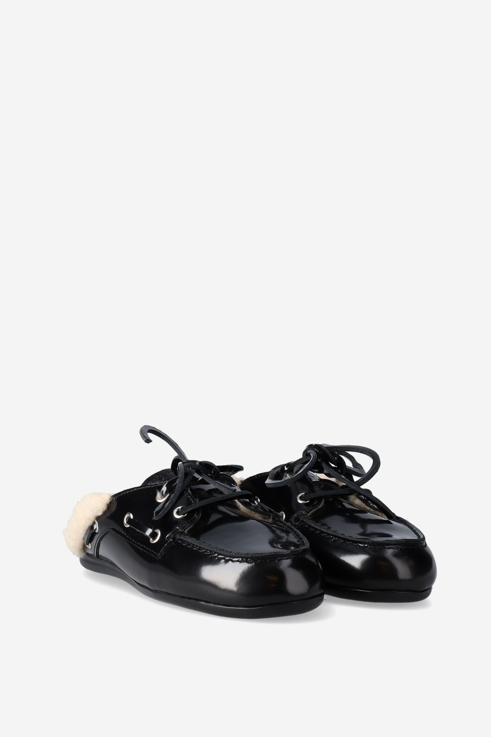 Fur leather boat loafer mules
