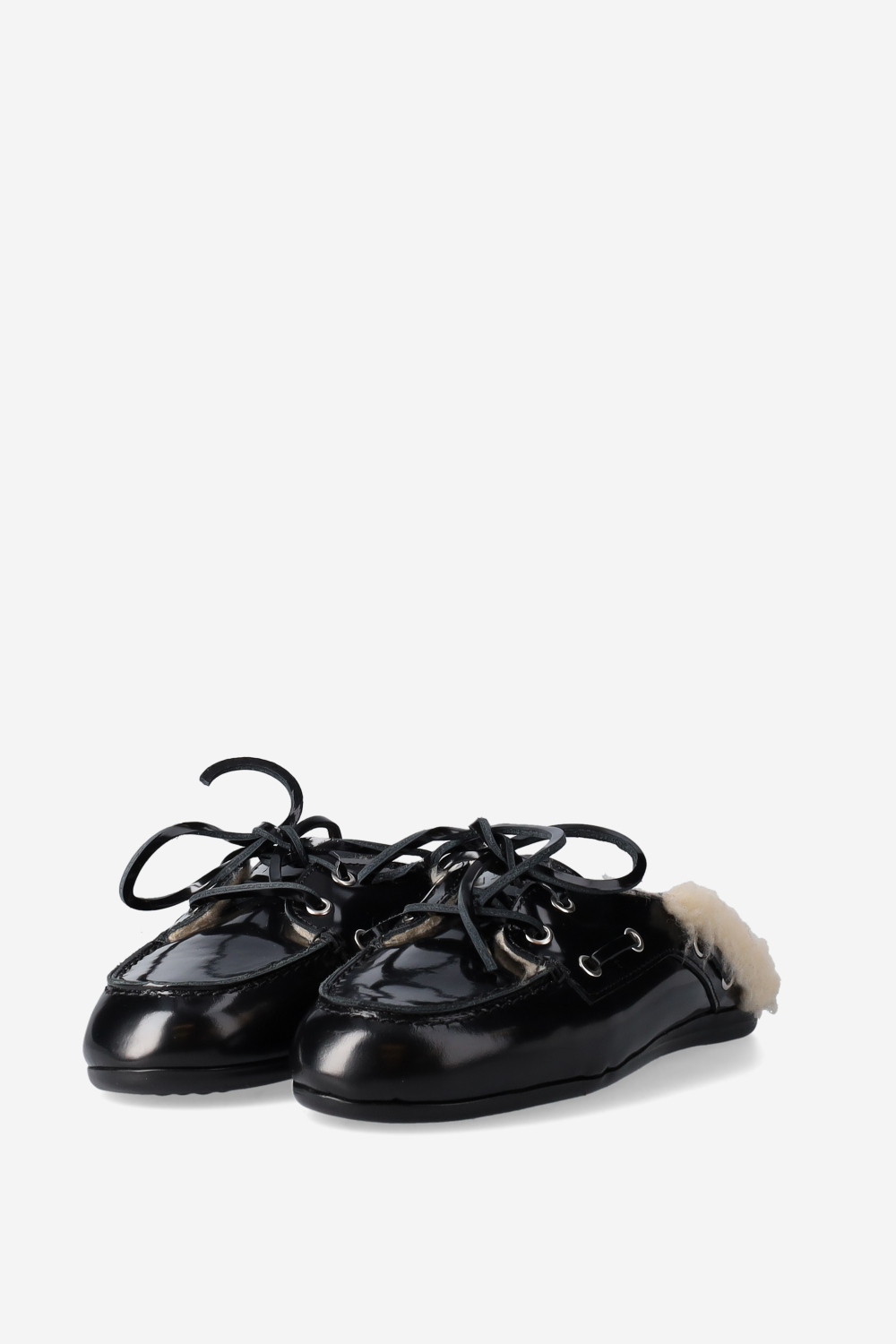 Fur leather boat loafer mules