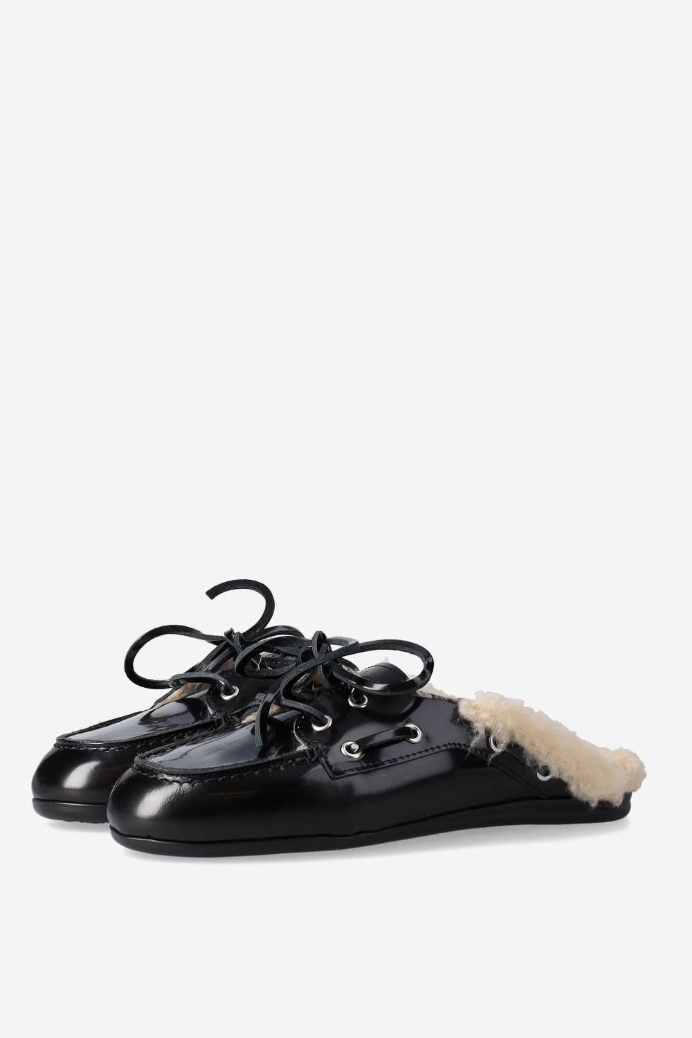 Fur leather boat loafer mules
