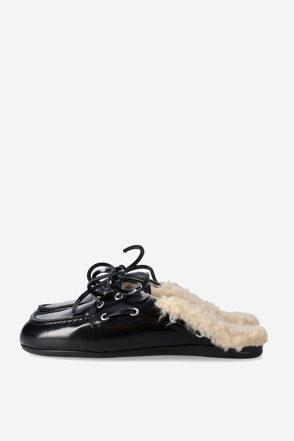 Fur leather boat loafer mules