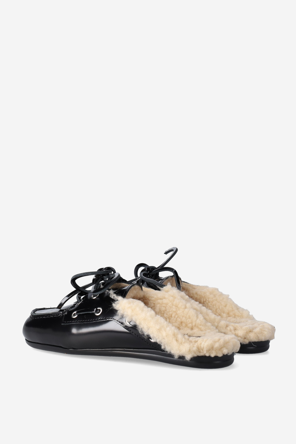 Fur leather boat loafer mules