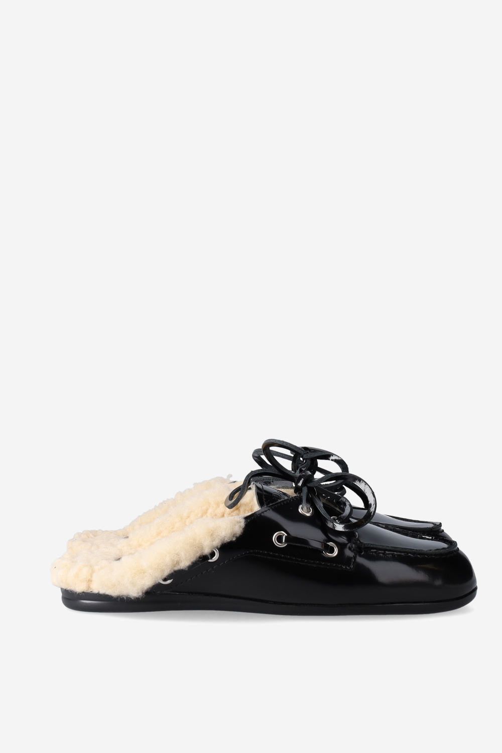 Fur leather boat loafer mules