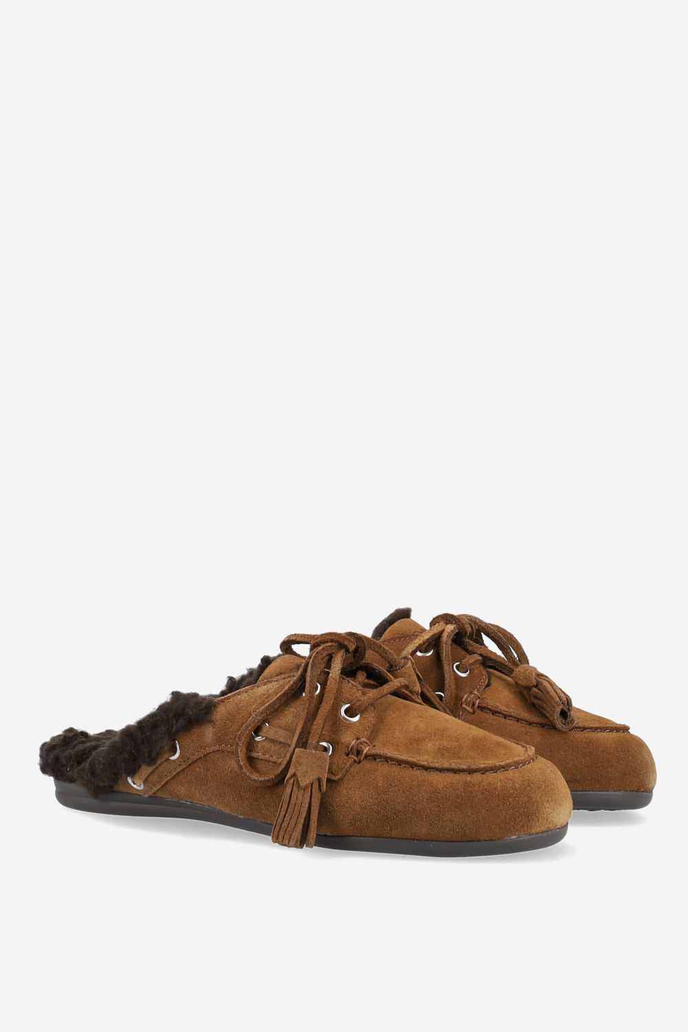 Fur suede boat loafer mules beads