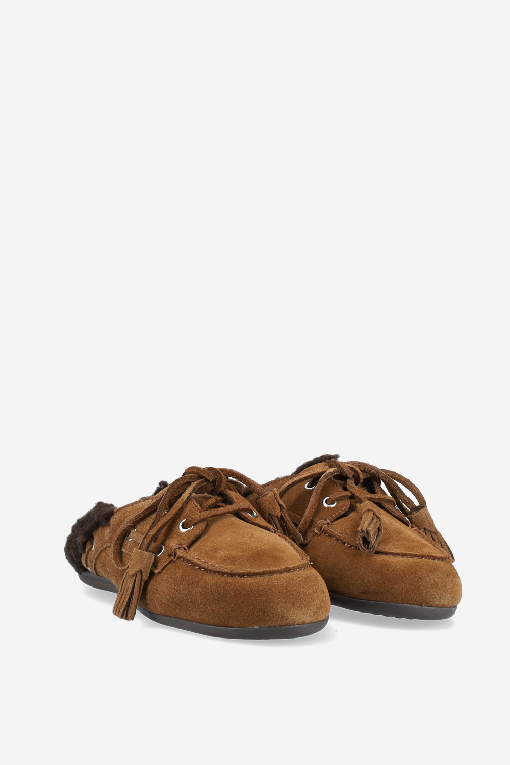 Fur suede boat loafer mules beads