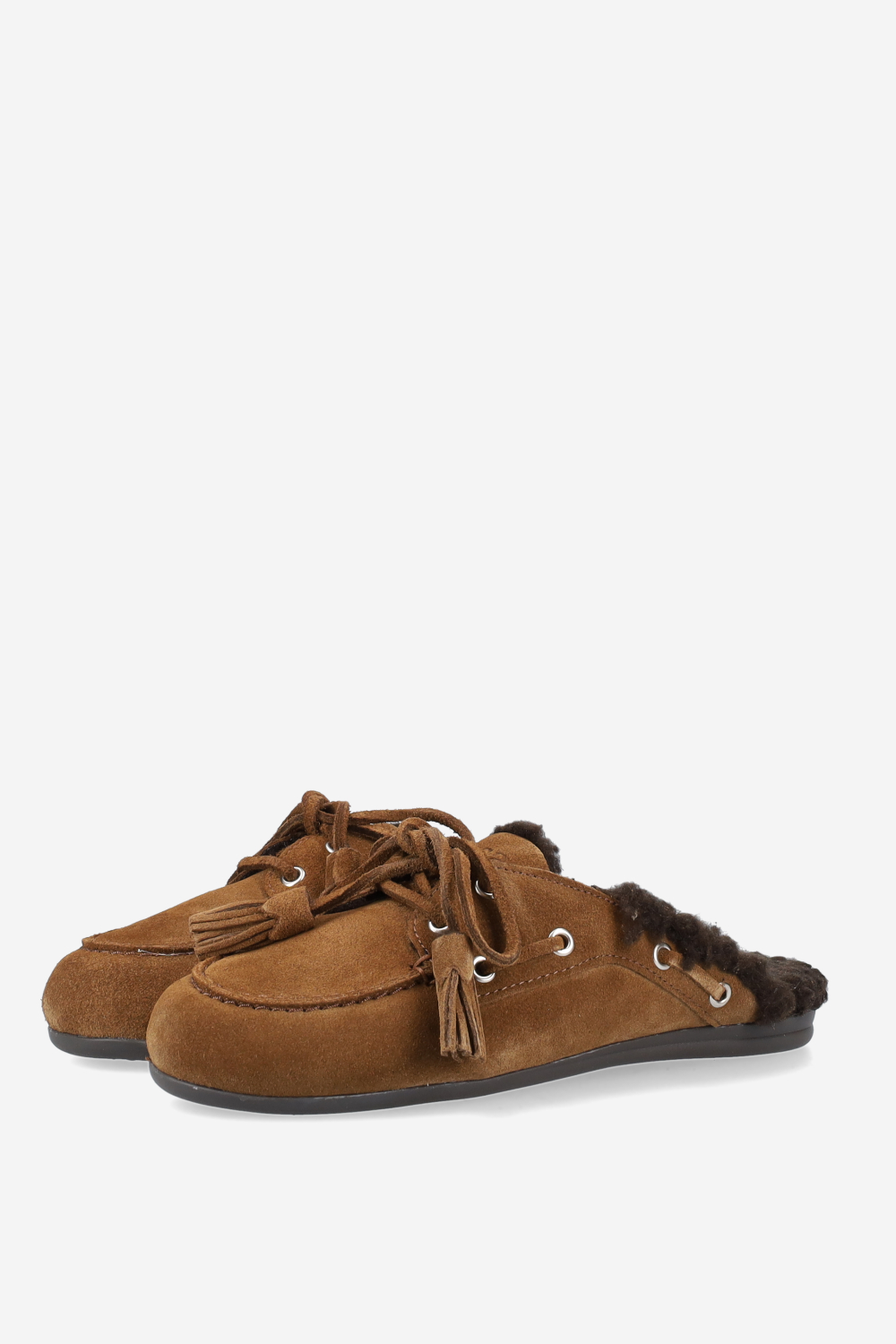 Fur suede boat loafer mules beads