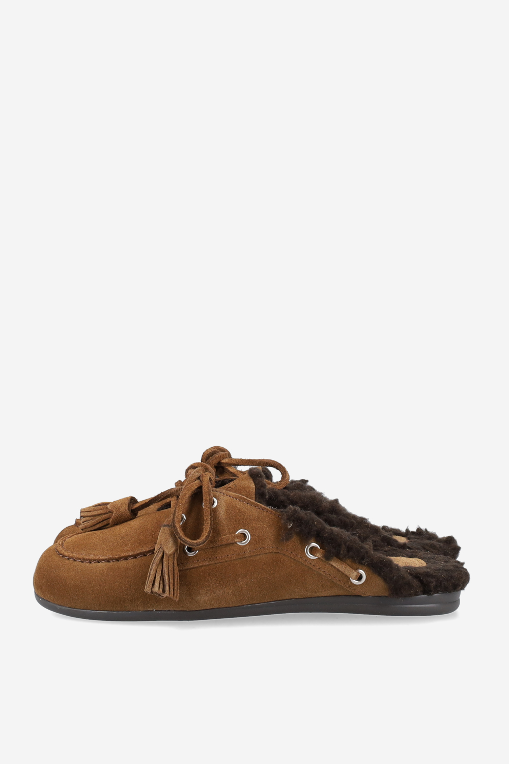 Fur suede boat loafer mules beads