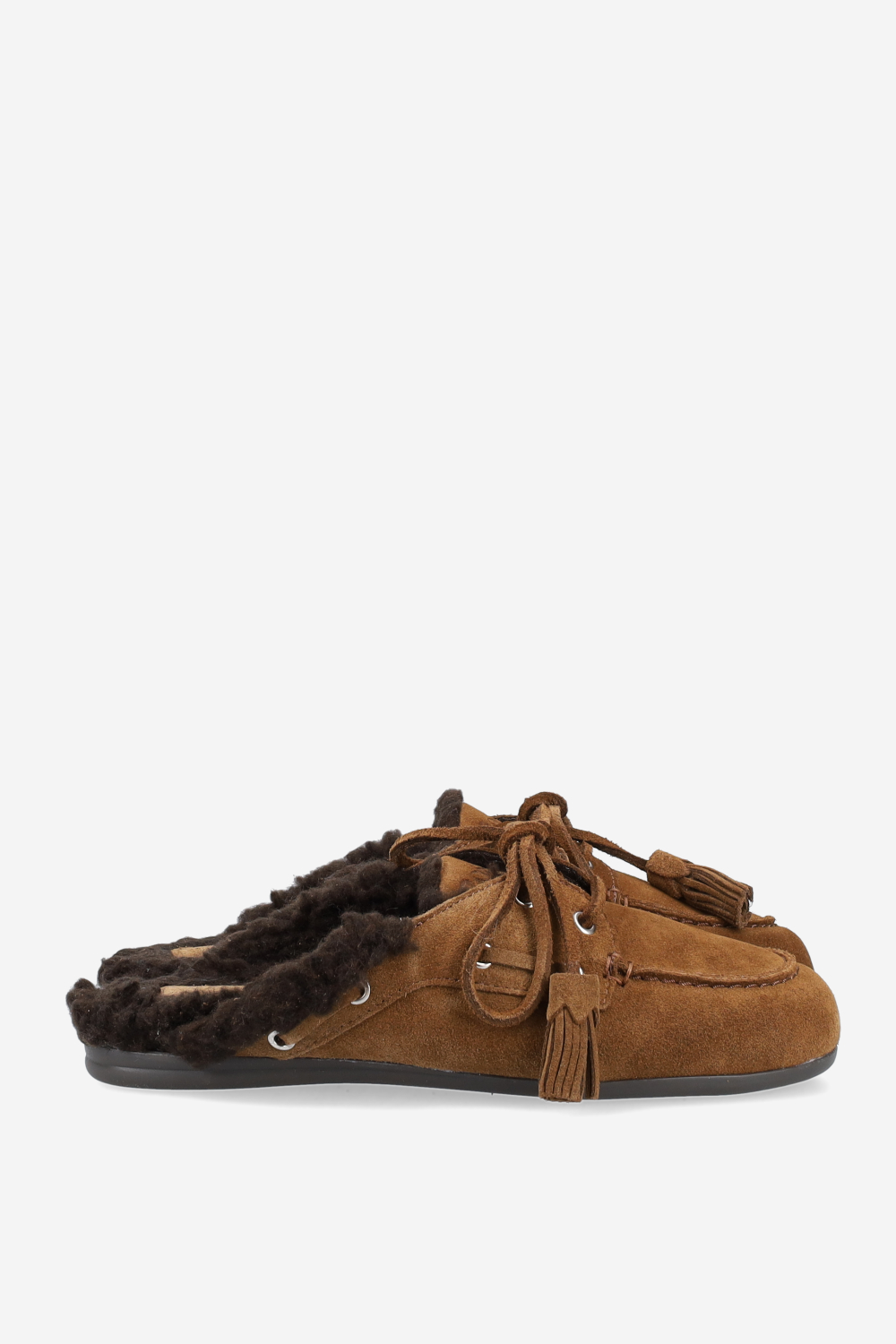 Fur suede boat loafer mules beads