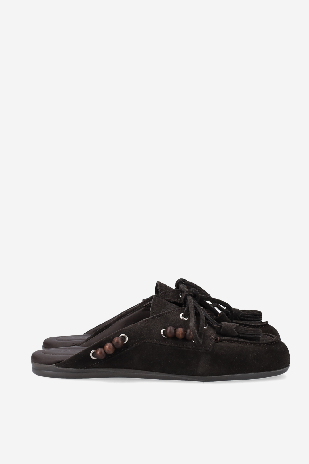 Suede boat loafer mules beads