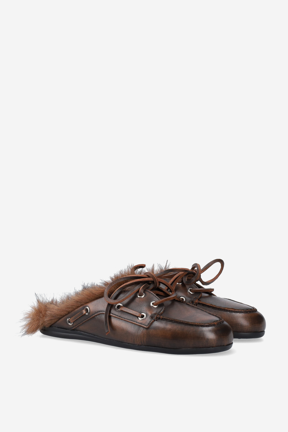 Fur hairy leather boat loafer mules