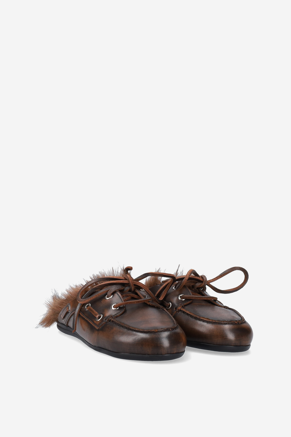 Fur hairy leather boat loafer mules