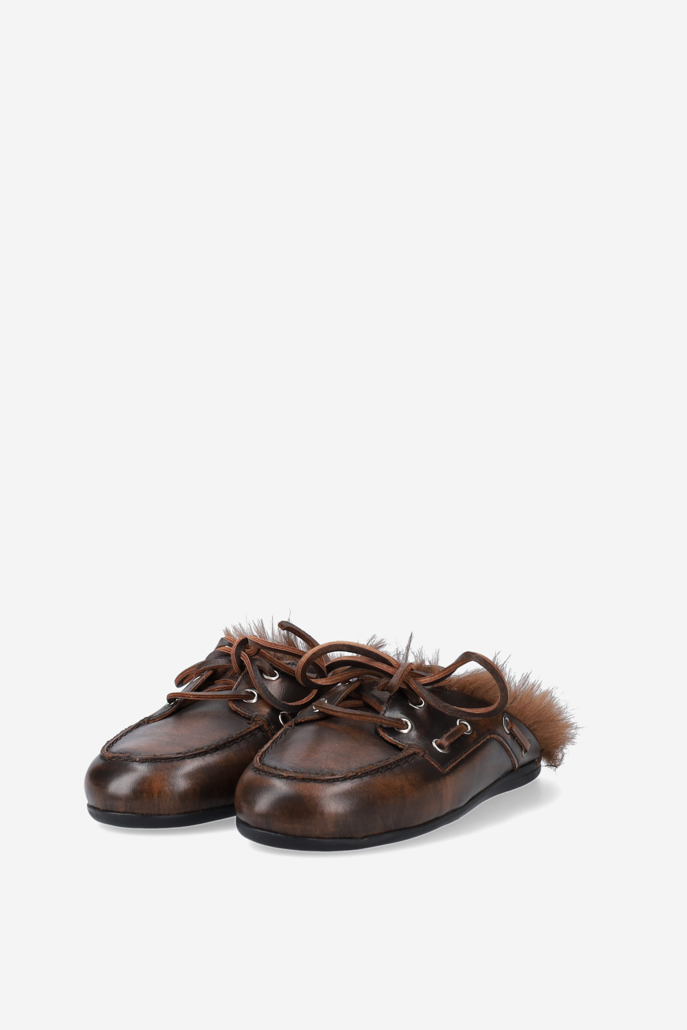 Fur hairy leather boat loafer mules