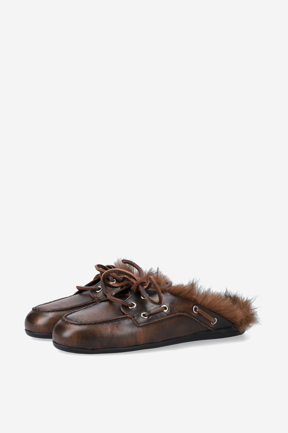 Fur hairy leather boat loafer mules