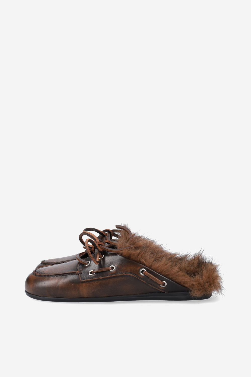 Fur hairy leather boat loafer mules