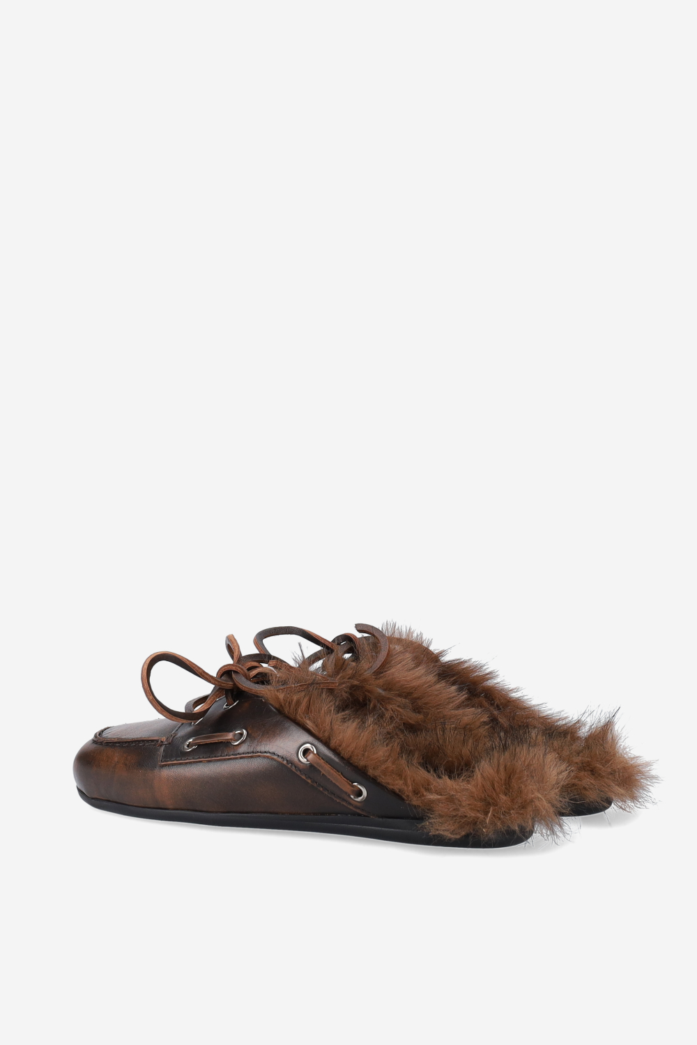 Fur hairy leather boat loafer mules