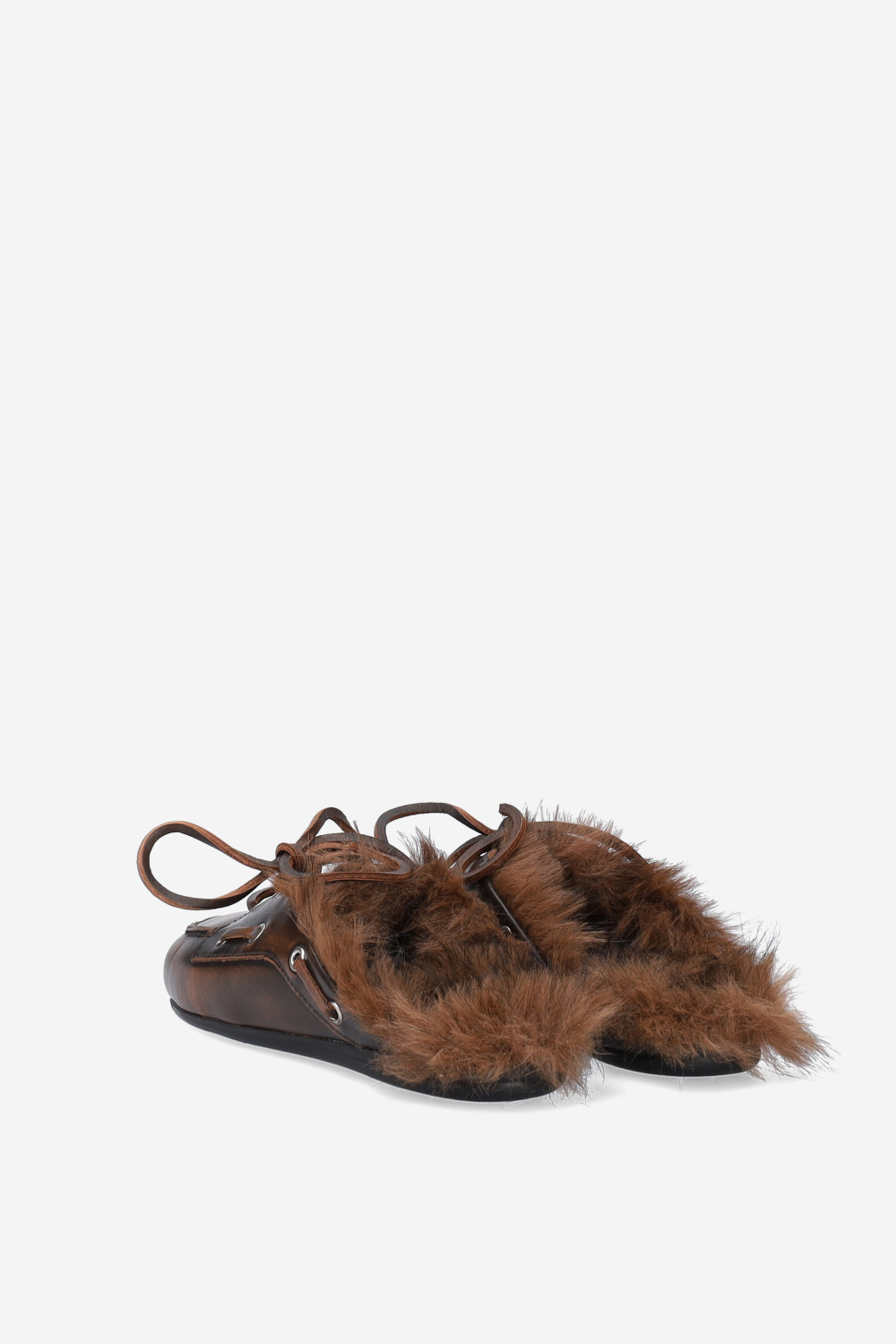 Fur hairy leather boat loafer mules