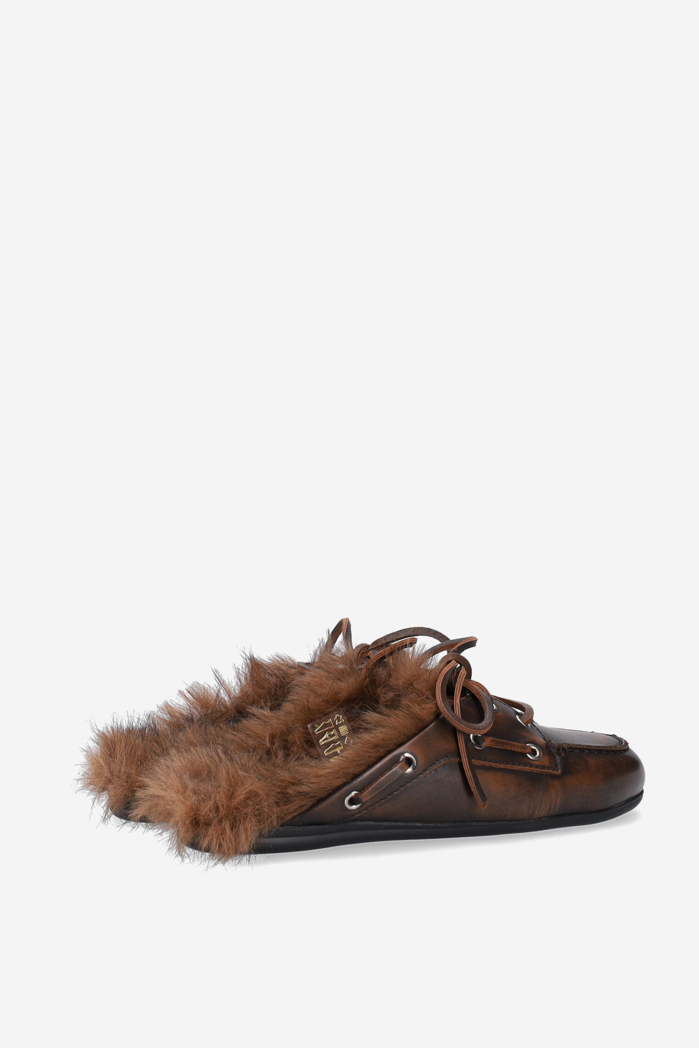 Fur hairy leather boat loafer mules