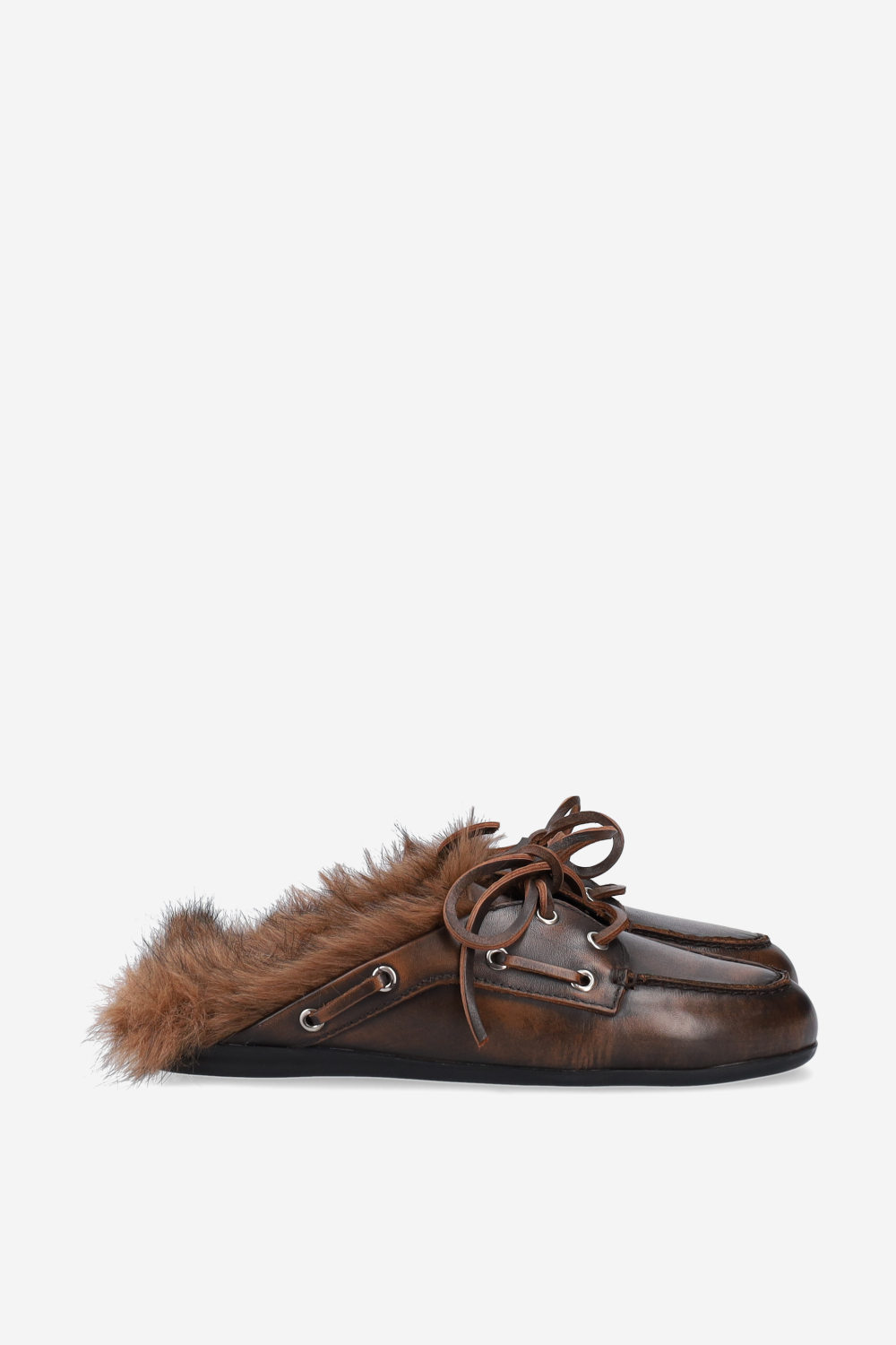 Fur hairy leather boat loafer mules