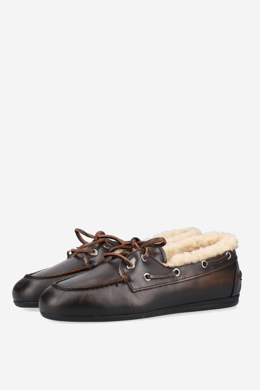 Brushed leather fur boat loafers