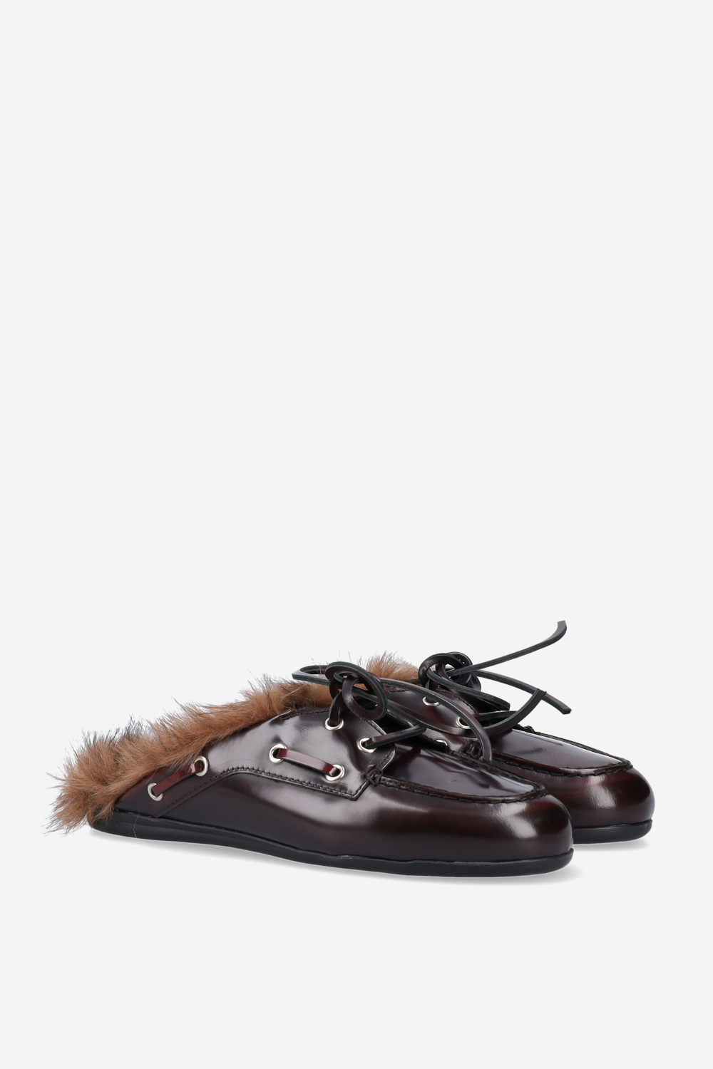 Fur hairy leather boat loafer mules