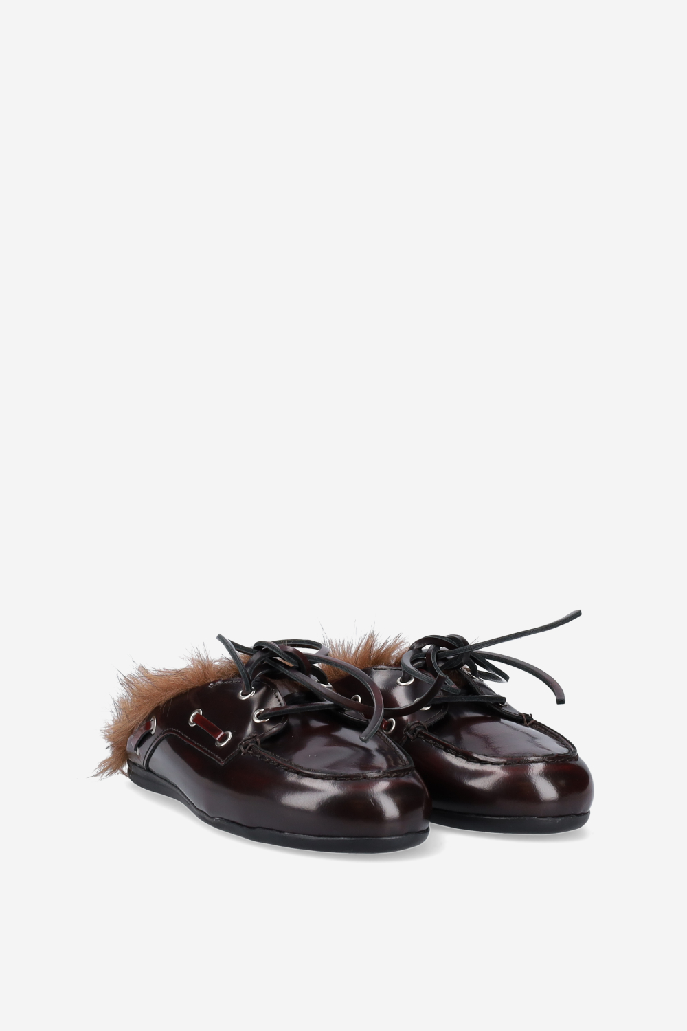Fur hairy leather boat loafer mules