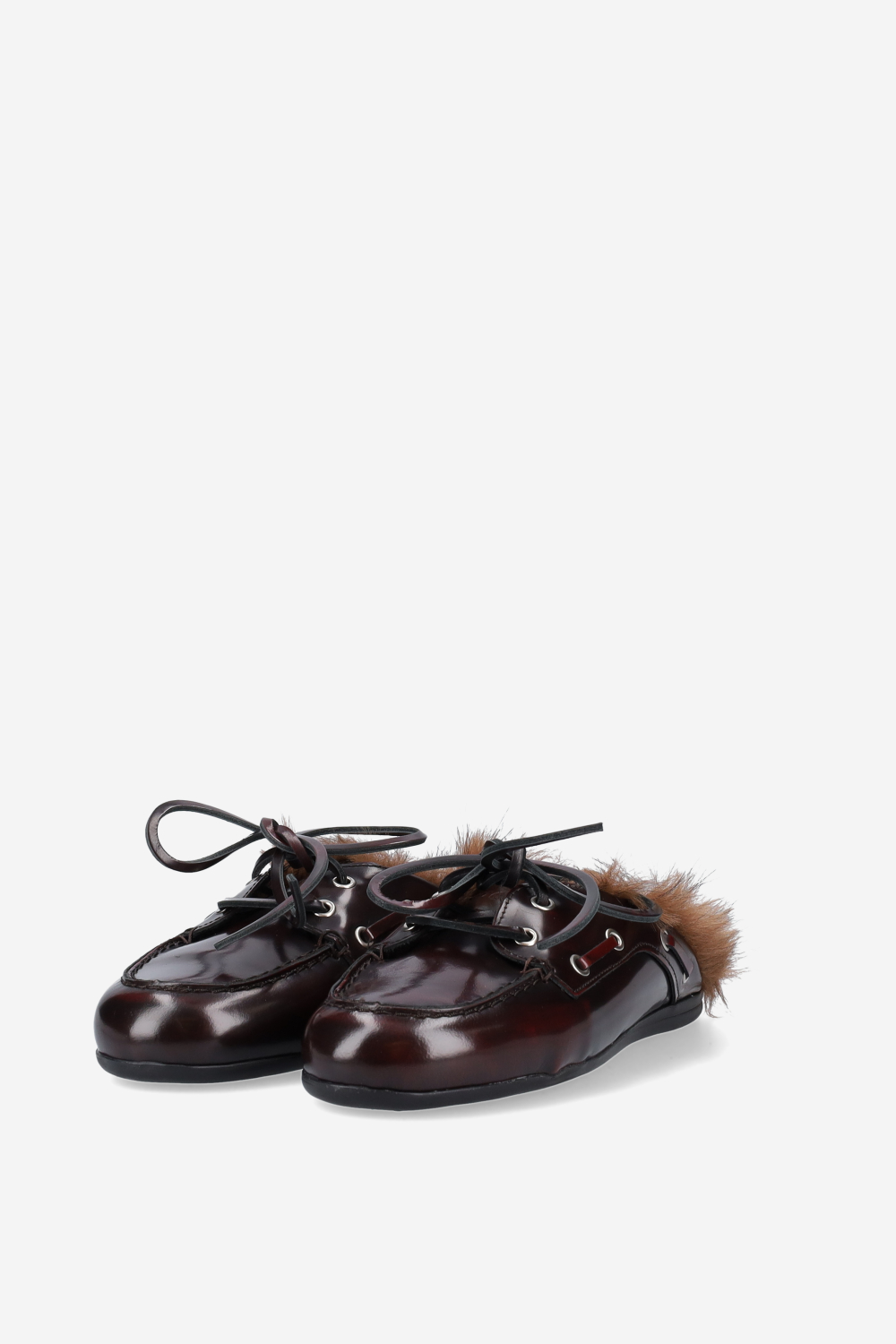 Fur hairy leather boat loafer mules