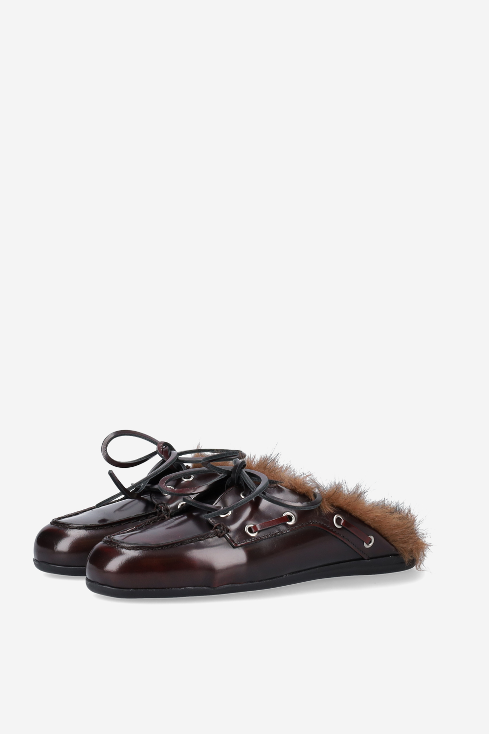 Fur hairy leather boat loafer mules