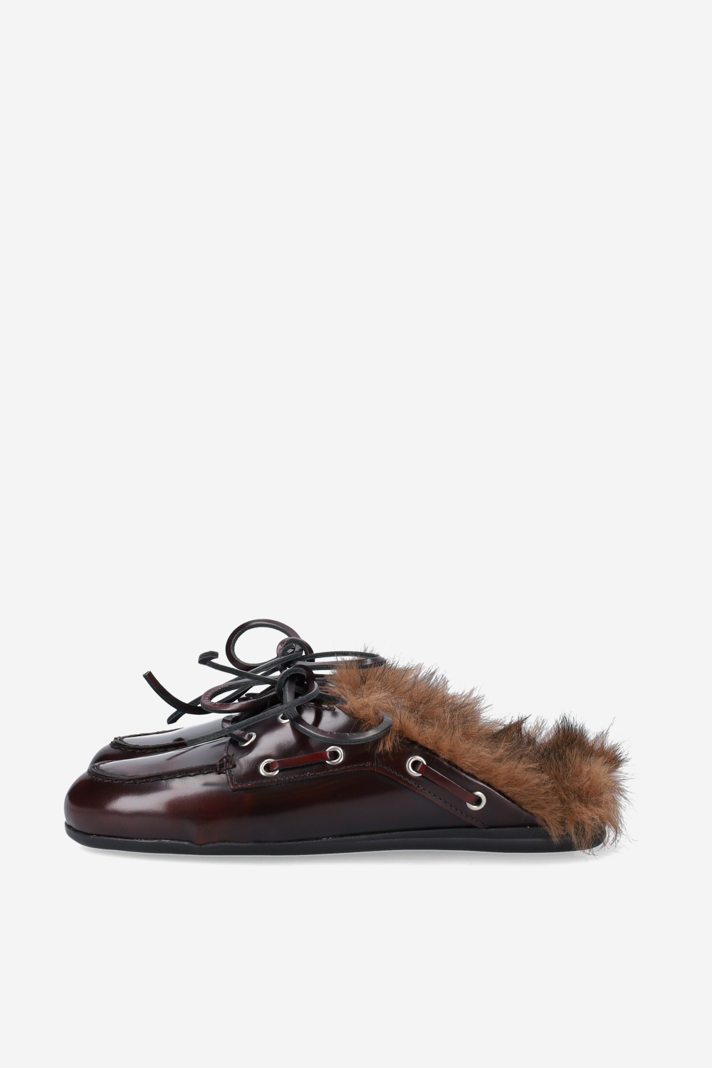 Fur hairy leather boat loafer mules