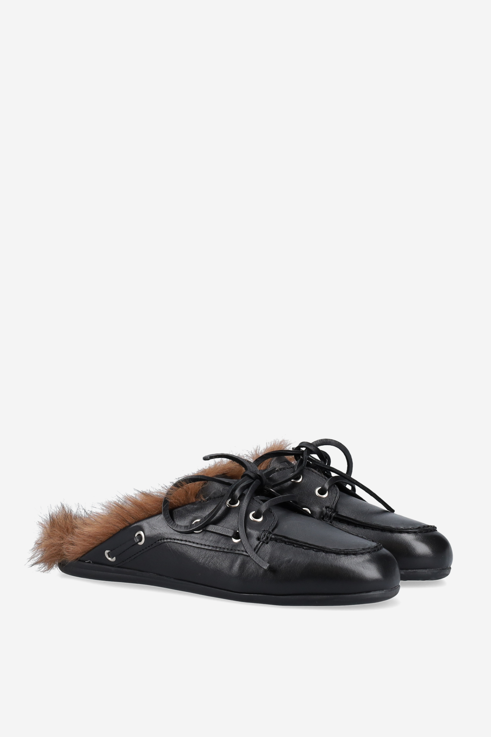 Fur hairy leather boat loafer mules