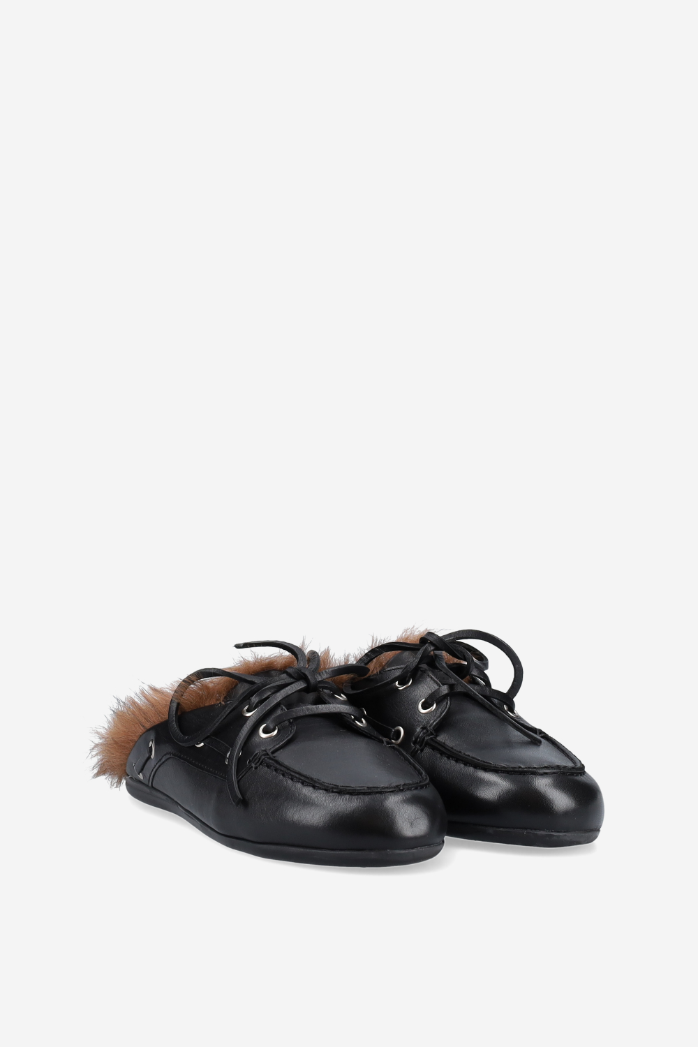 Fur hairy leather boat loafer mules