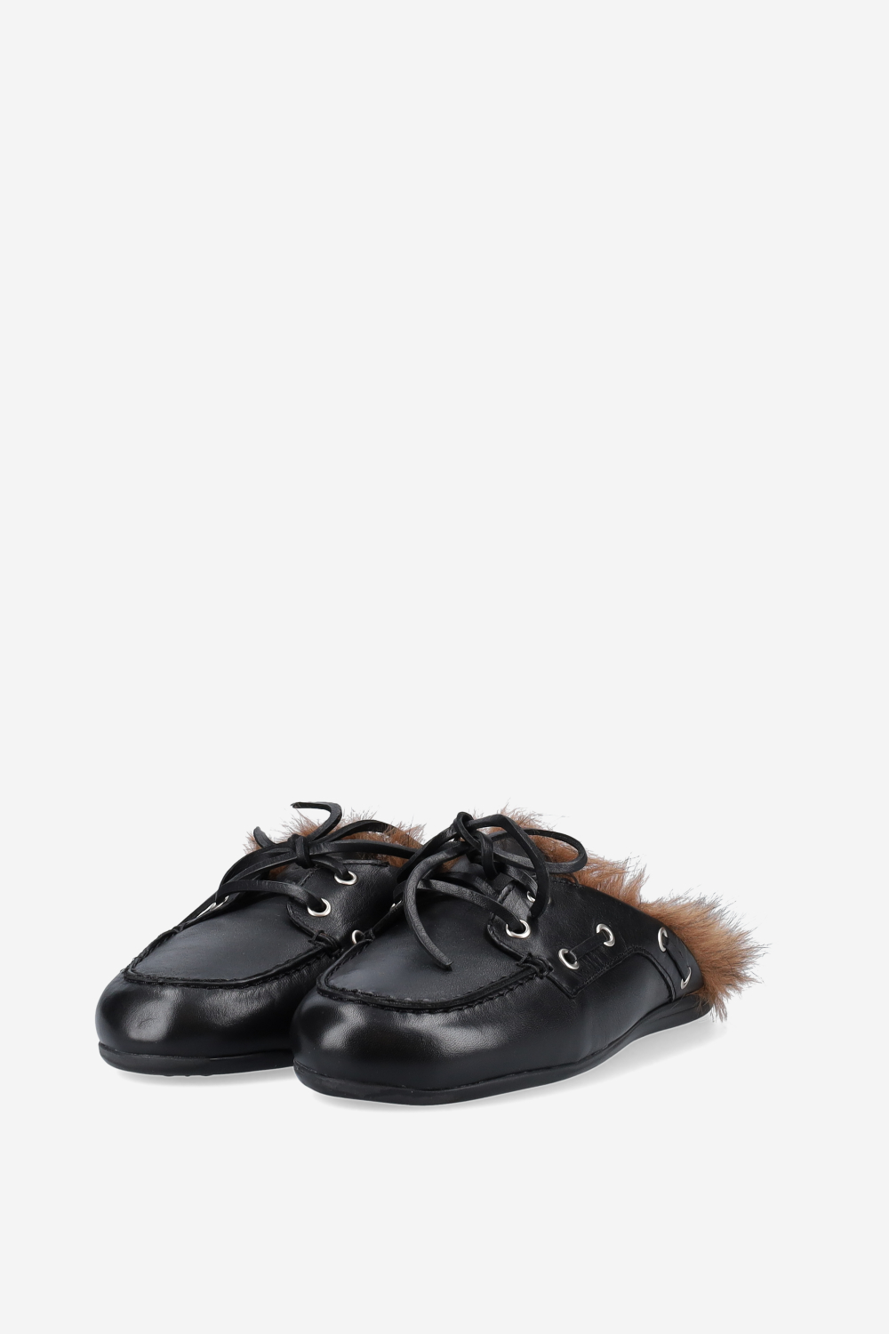 Fur hairy leather boat loafer mules