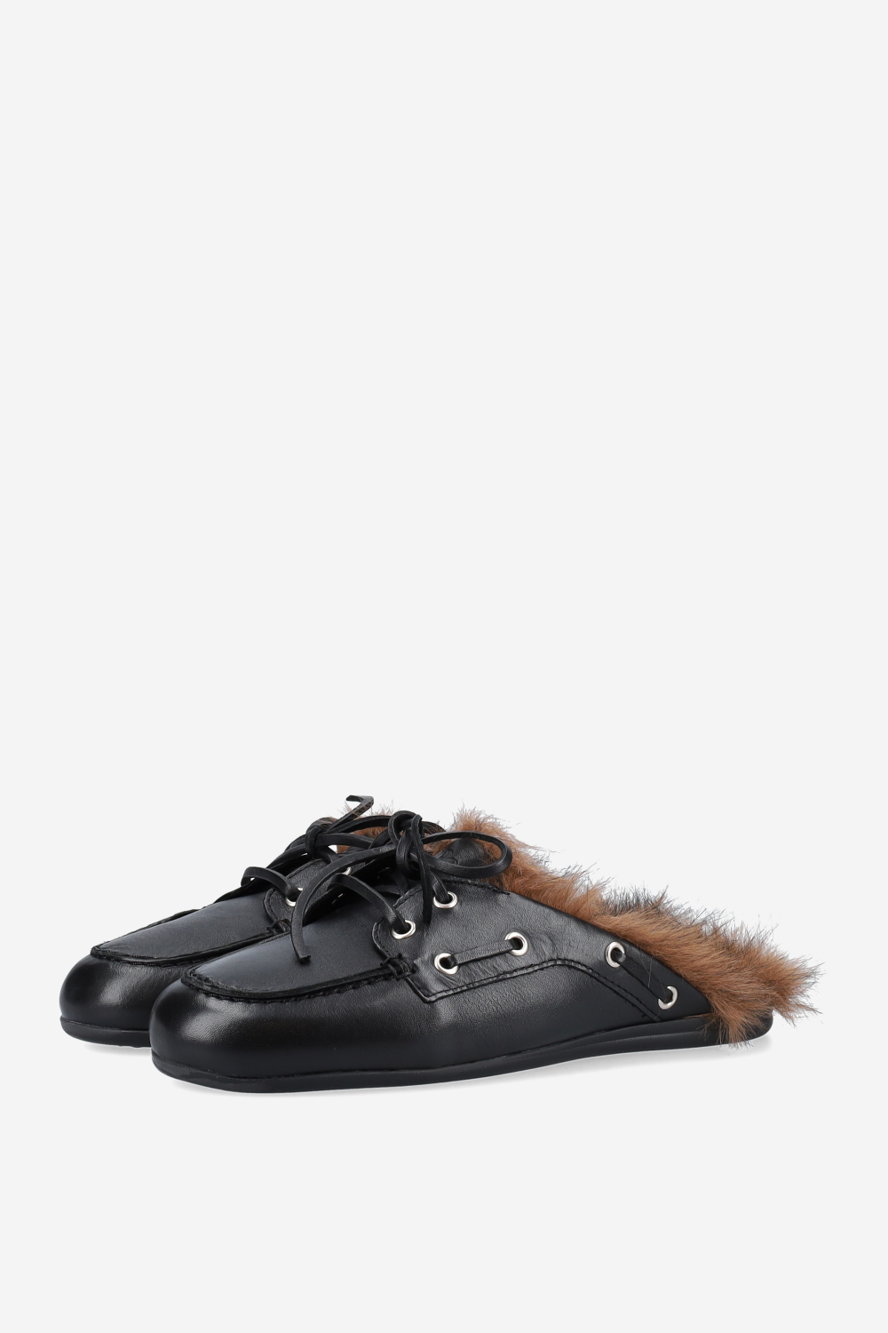 Fur hairy leather boat loafer mules
